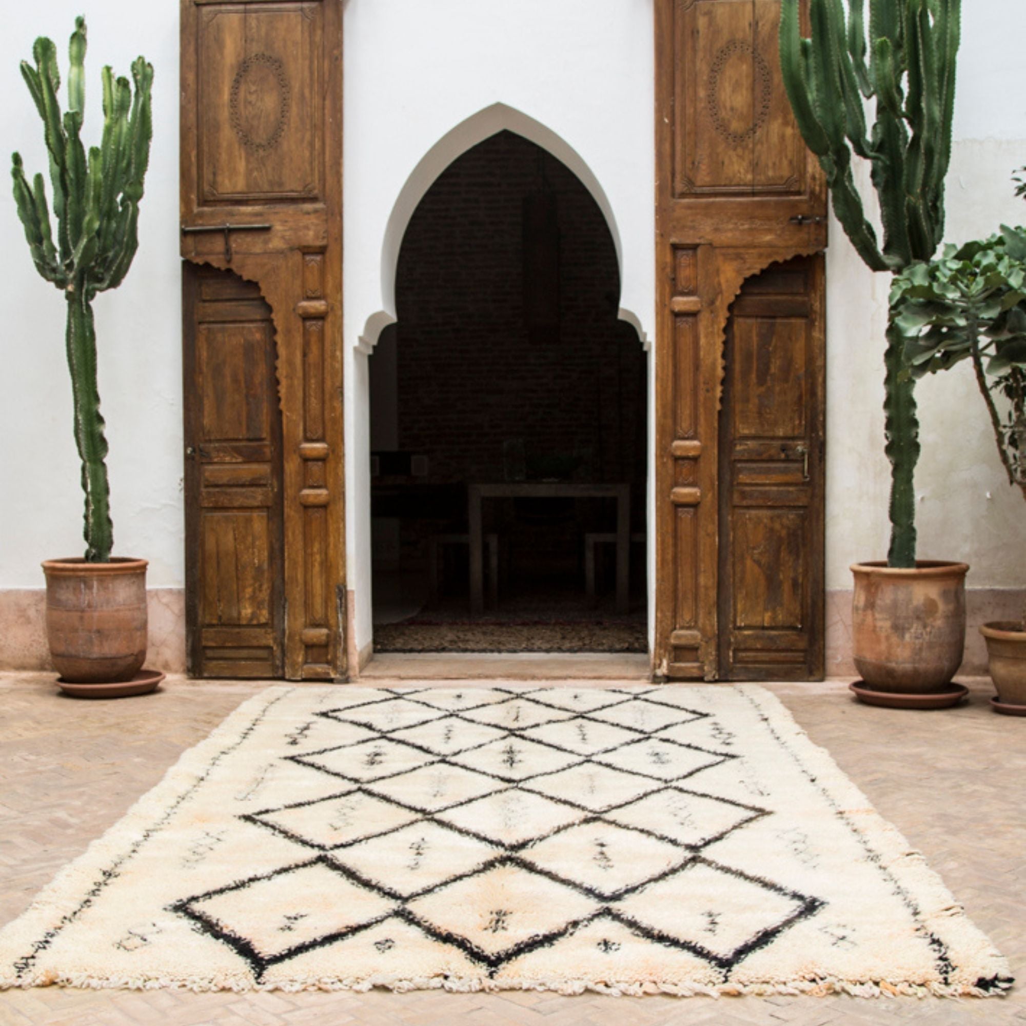 White Moroccan Rug on the ground with vintage doors