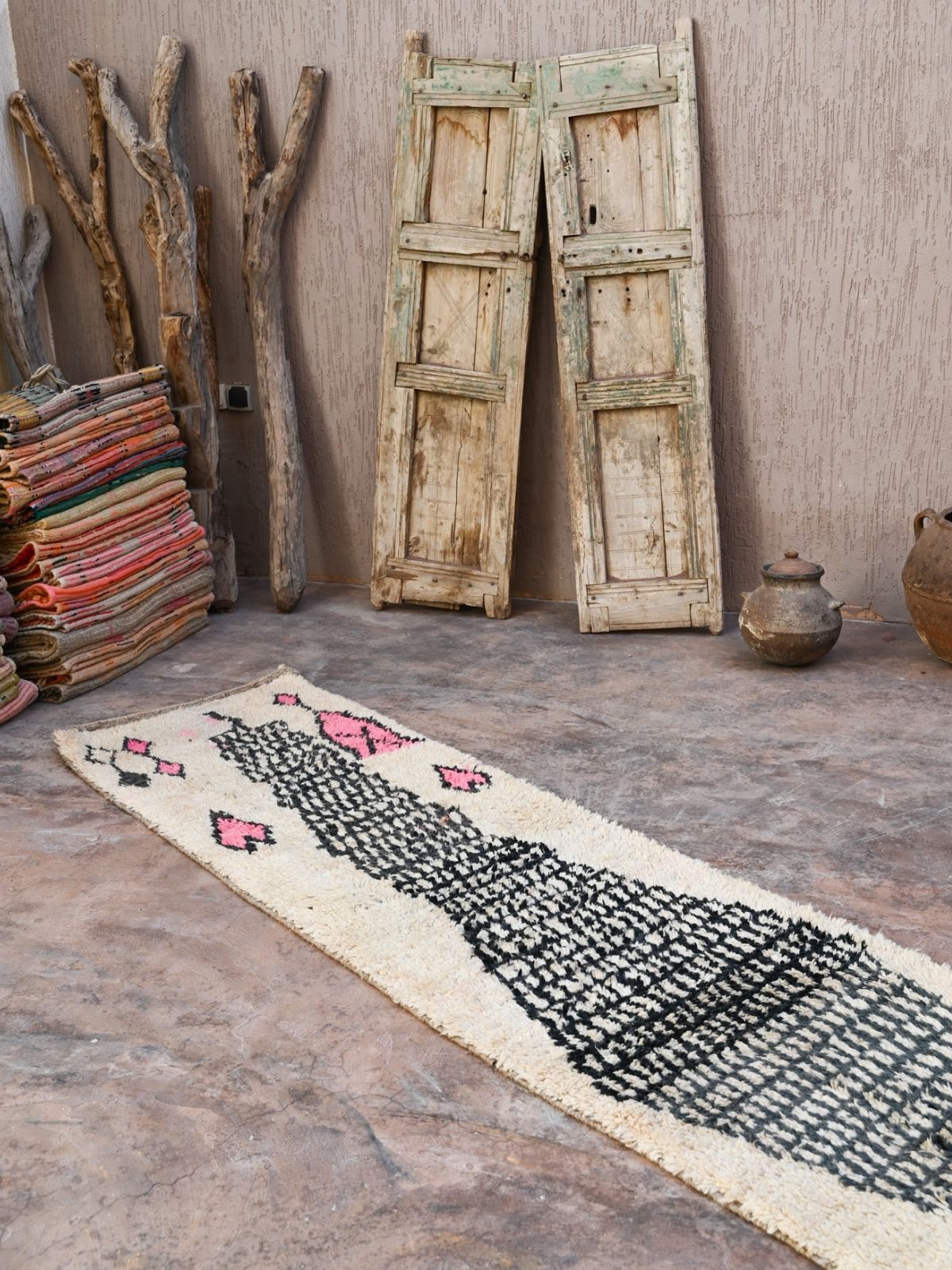 Moroccan Runner Rug - White, Black & Pink 73x420cm