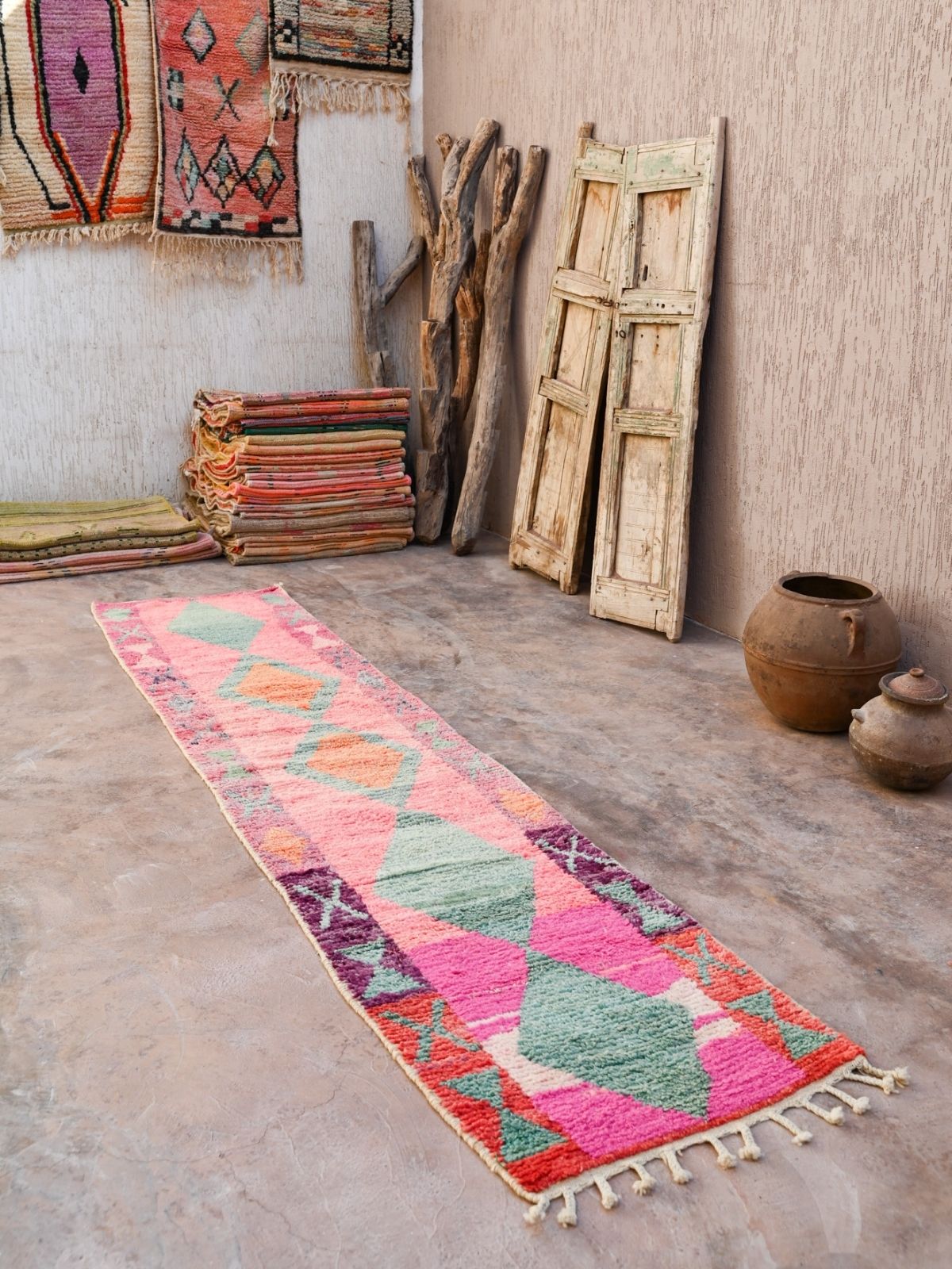 Moroccan Runner Rug - Bright Pink, Green & Purple 73x355cm - Nouvelle Nomad