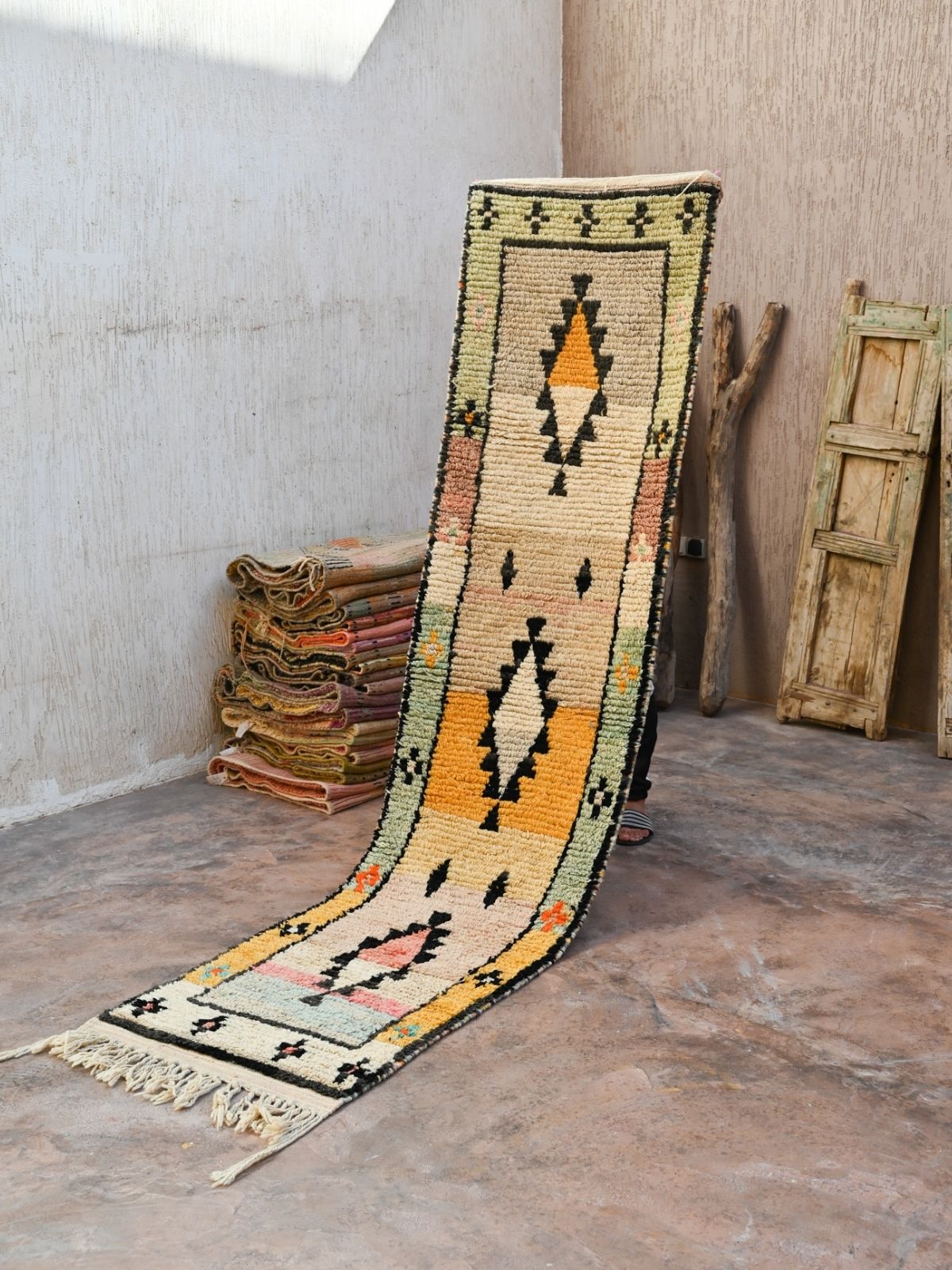 Moroccan Runner Rug - Beige Green & Gold 73x315cm - Nouvelle Nomad