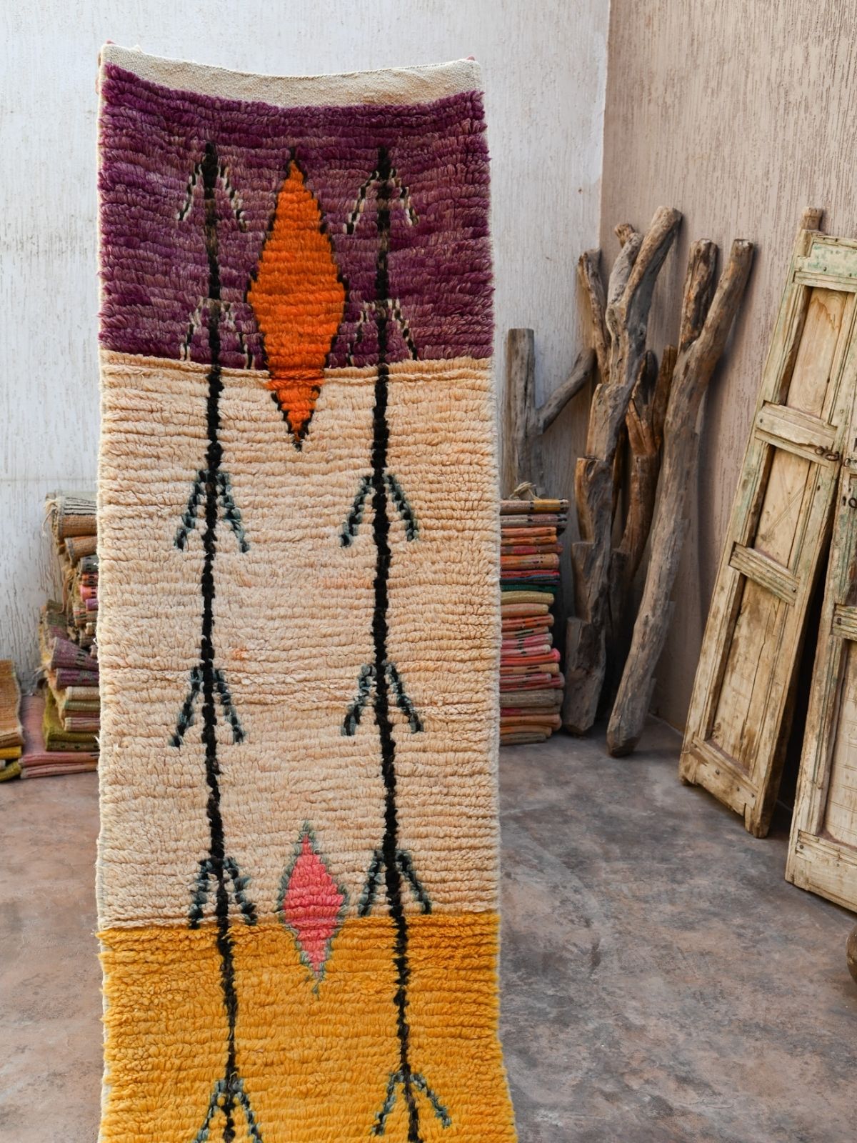 Moroccan Runner Rug - Yellow, Oilve & White 75x325cm