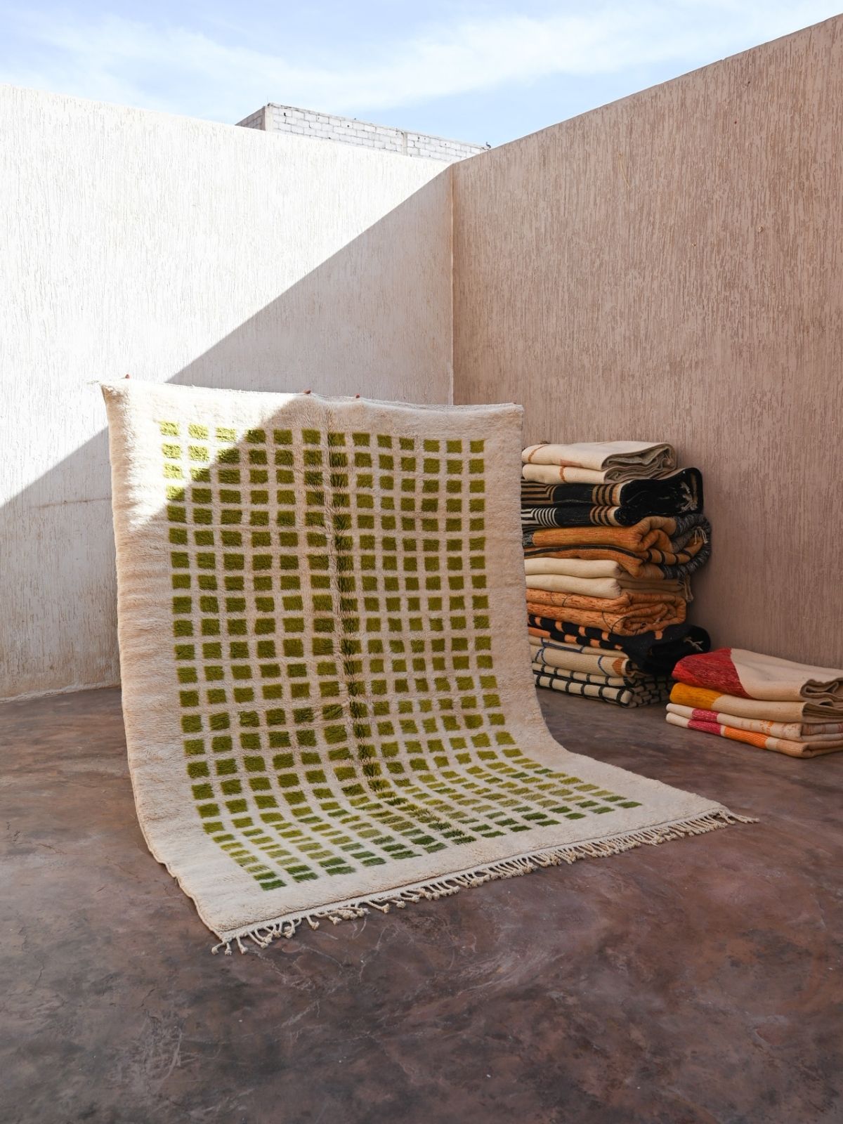 Contemporary Beni M'Rirt Carpet - White & Green Grid Design 230x320cm