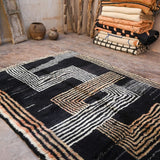 Contemporary Beni M'Rirt carpet - Black Peach and Cream Maze Design 215x340cm