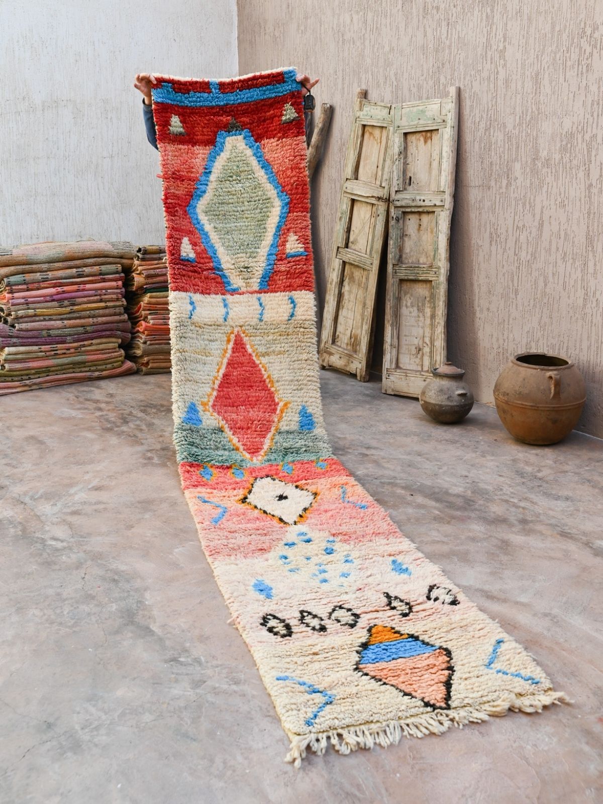 Moroccan Runner Rug - Red Blue 71x400cm