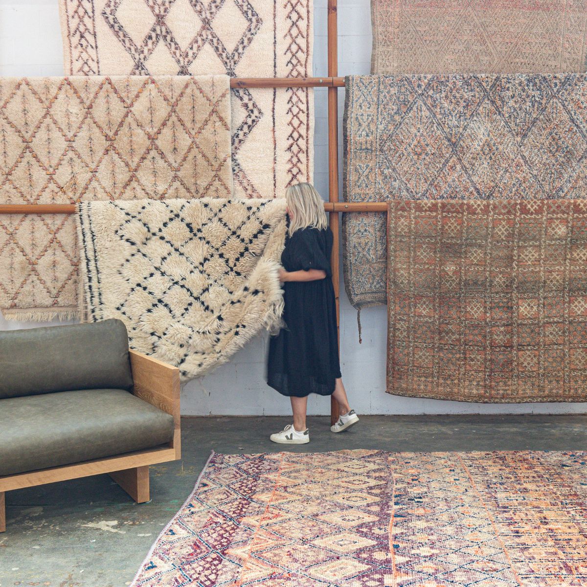 The Nouvelle Nomad rug wall at Mark Tuckey Melbourne showroom