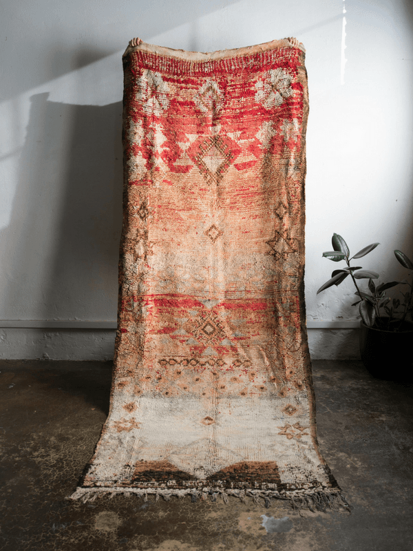 A vintage-style distressed area rug with a red, beige, and brown geometric pattern, draped vertically against a white wall in a room with a concrete floor and a small potted plant.