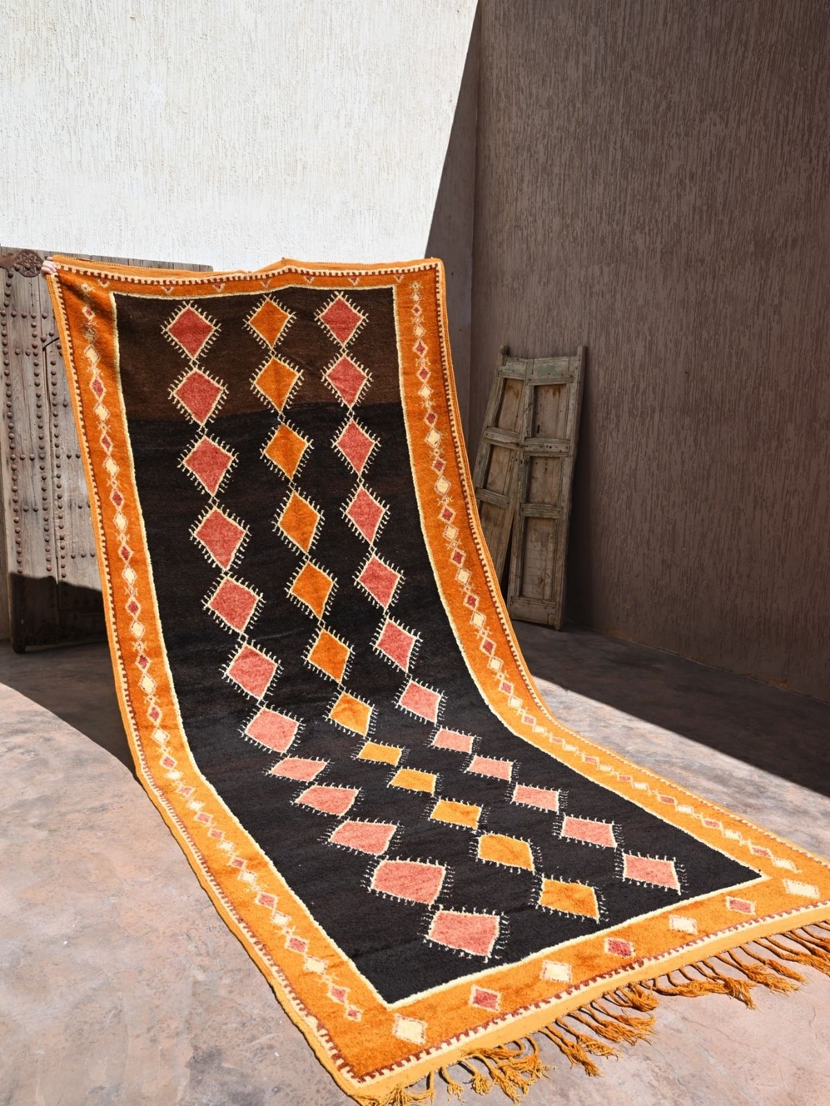Taznakht Vintage Moroccan Runner Rug - Black & Orange 176x420cm