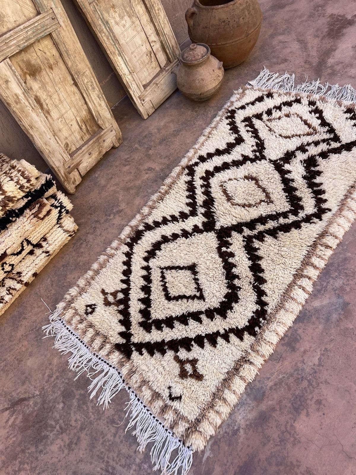 Vintage Beni Mini Rug - Cream Brown Diamonds 90x180cm