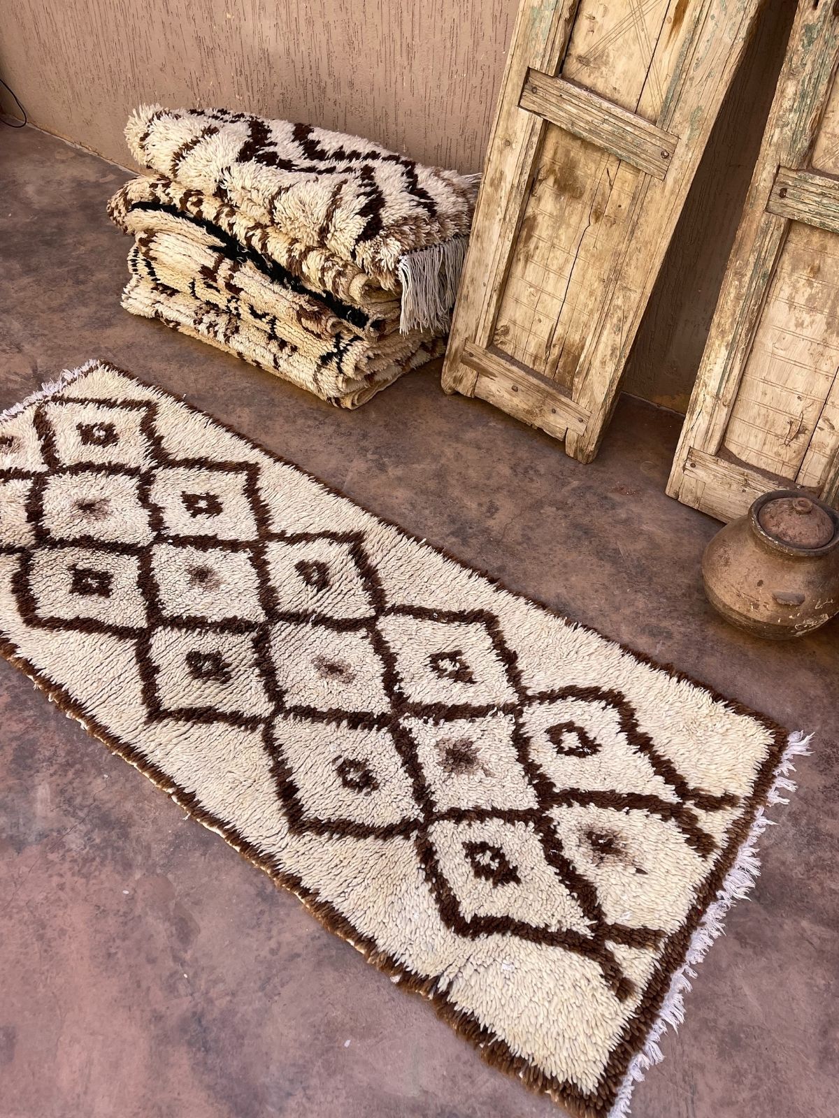 Vintage Beni Mini Rug - Cream Brown Diamonds 80x195cm