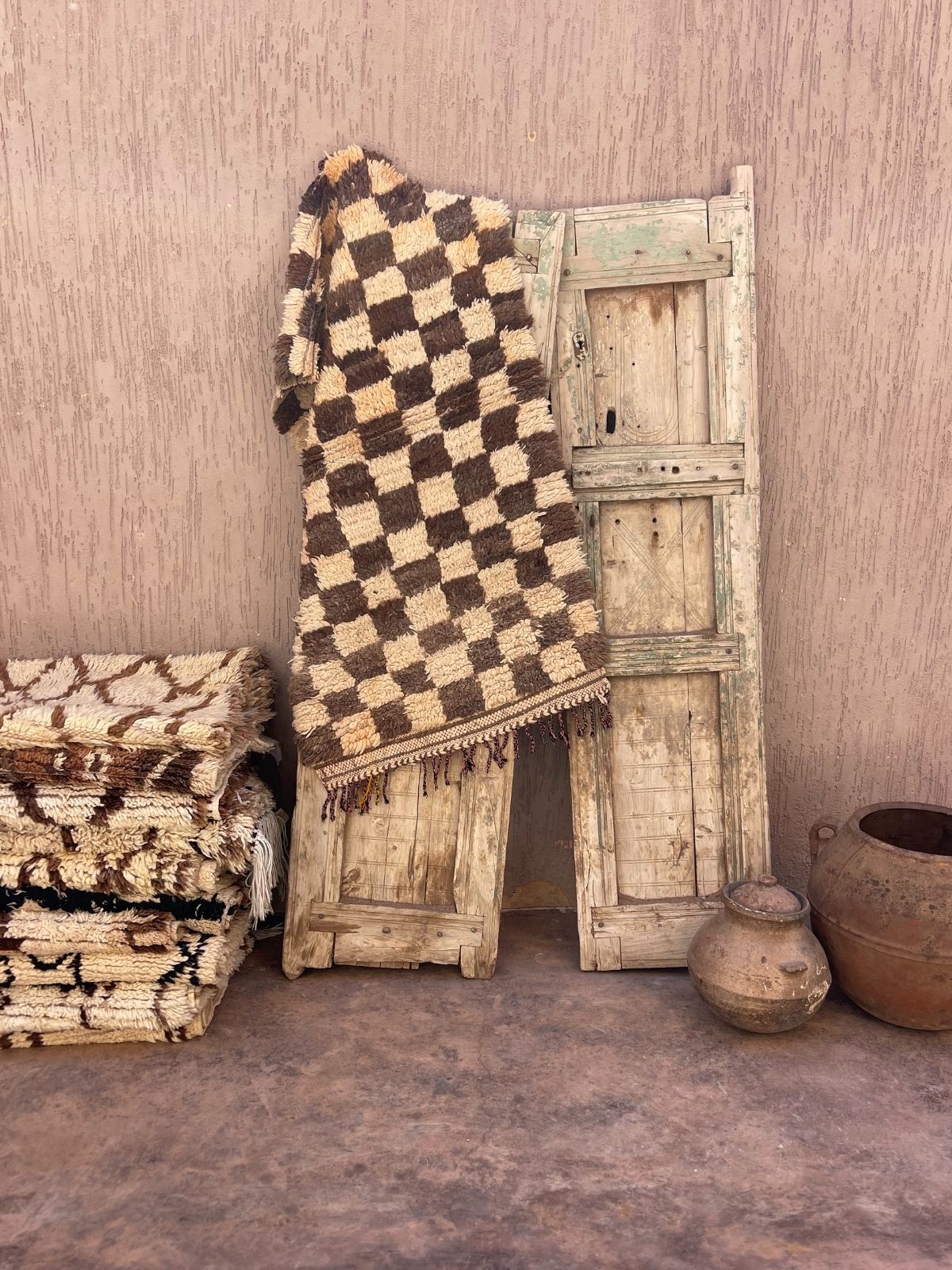 Vintage Beni Mini Rug - Cream Brown Check 70x175cm