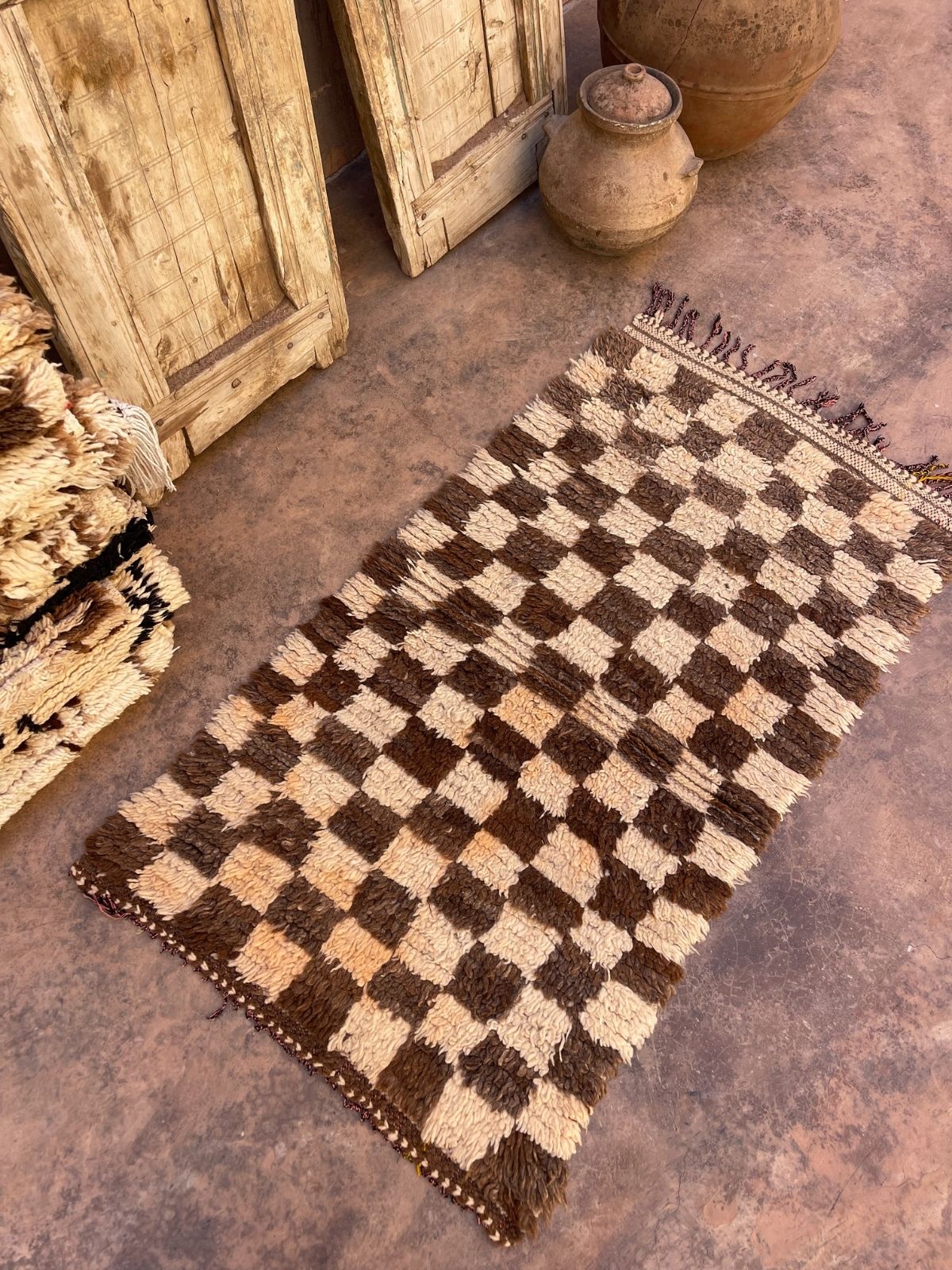 Vintage Beni Mini Rug - Cream Brown Check 70x175cm