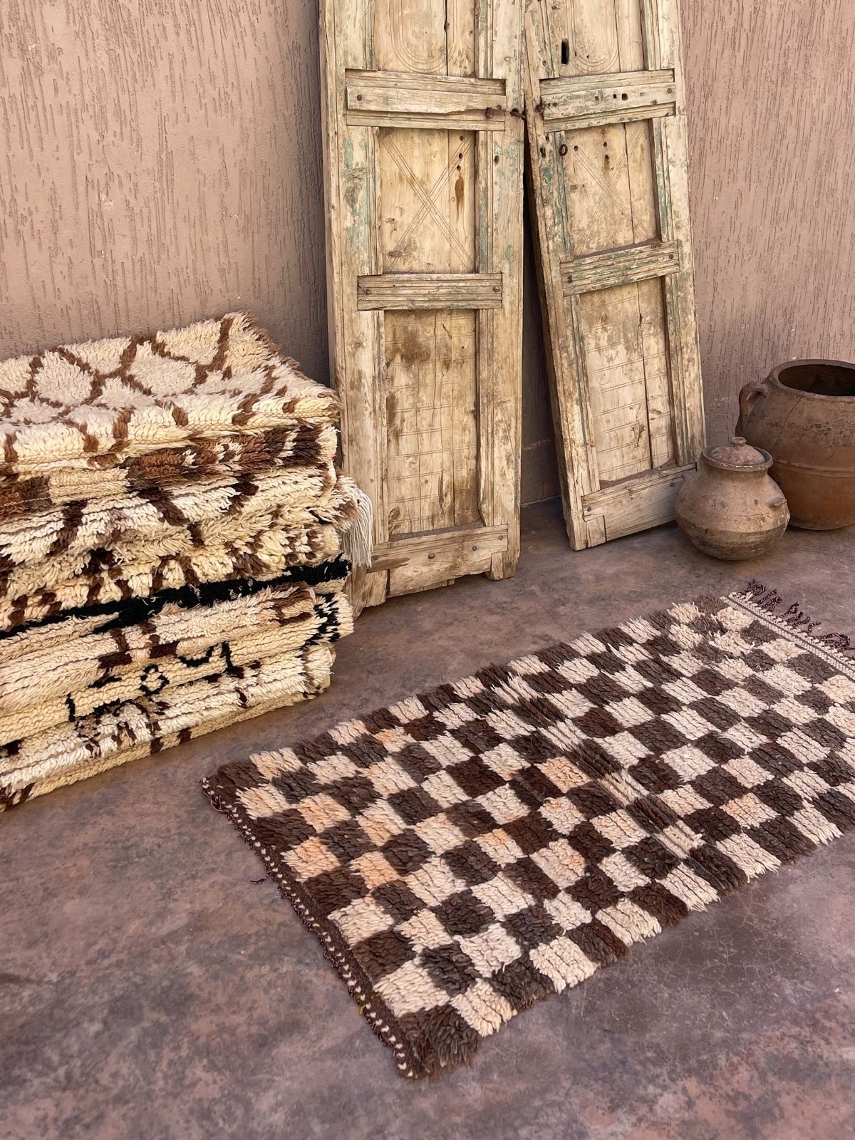 Vintage Beni Mini Rug - Cream Brown Check 70x175cm