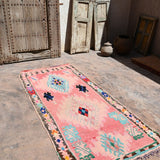 Vintage Boujad Moroccan Runner Rug - Pink Blue Diamond 105x230cm