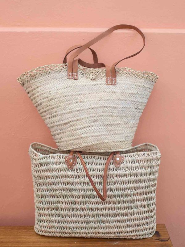 French Market Basket, Handwoven Moroccan Palm Leaf Double Leather Handles
