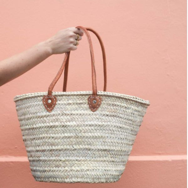 French Basket Straw Bag with Leather Handles
