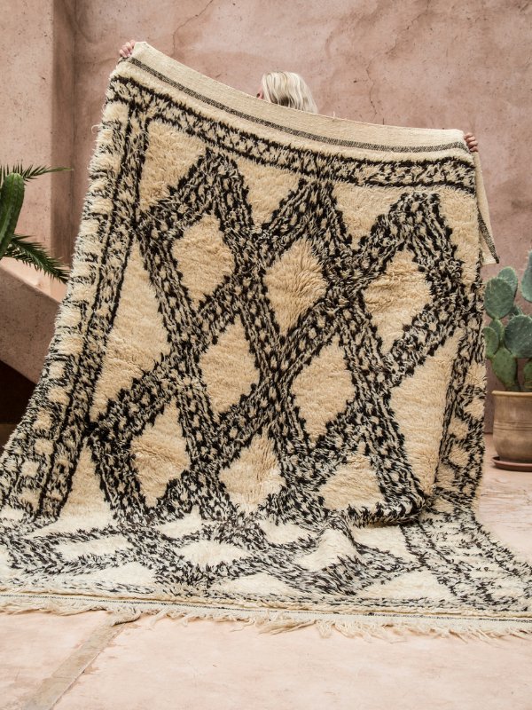 Vintage Marmoucha Vintage Moroccan Rug - Black and White - Held up Nouvelle Nomad